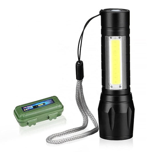Flashy: 2-in-1 Rechargeable LED Flashlight with Adjustable Zoom & COB Side Light, Mini Pocket Torch with 3 Modes for Camping, Hiking & Emergency Use