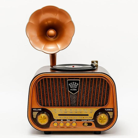 Grammy: Retro Gramophone Bluetooth Speaker with Classic Horn Design, Portable Music Player with FM/AM/SW Radio, USB & TF Card Support, Deep Bass Sound