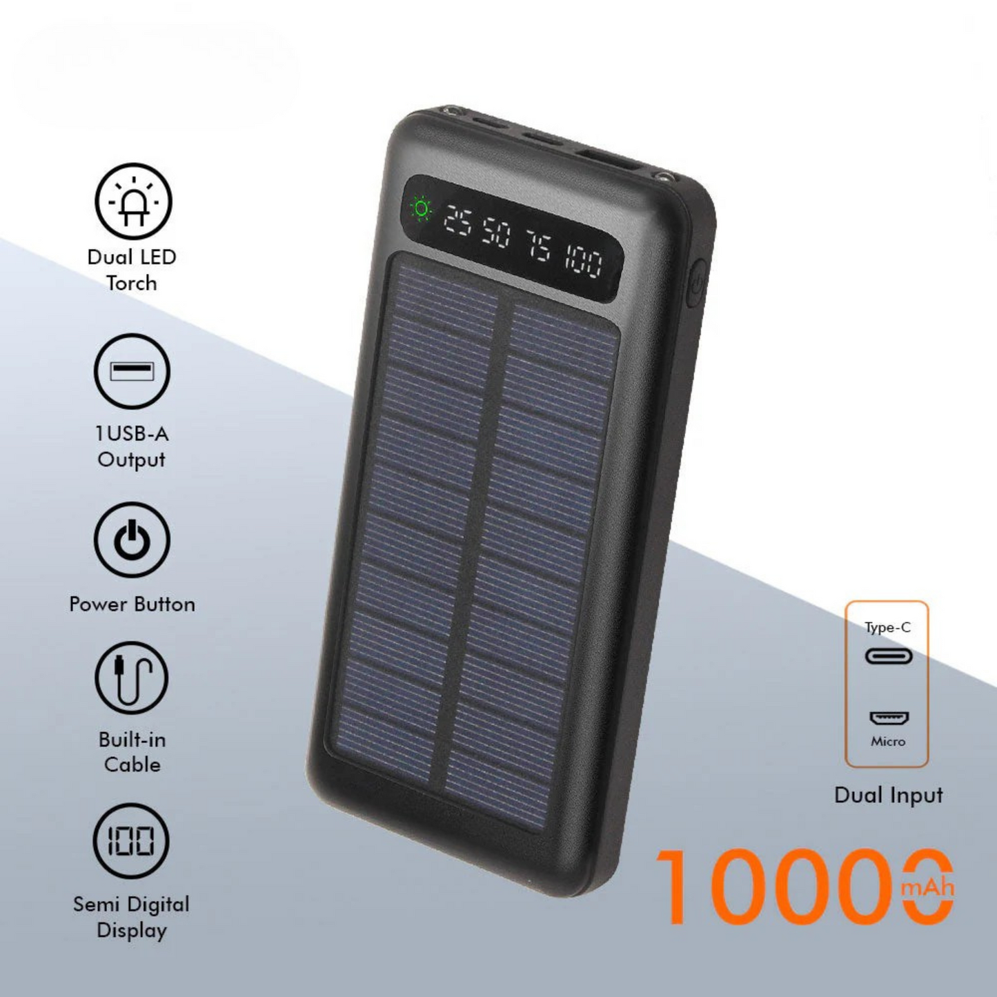 Beamie: 10,000mAh Solar Power Bank with Fast Charging, 4 Built-in Cables, 4 USB Outputs, LED Flashlight & Dual Input for Outdoor Travel & Emergency Use