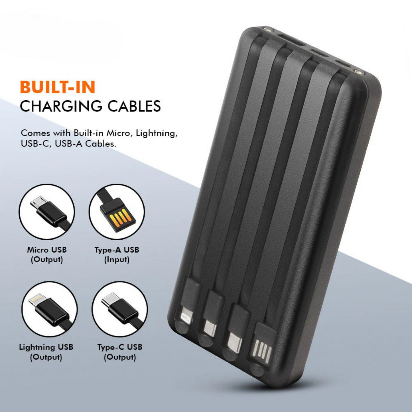 Beamie: 10,000mAh Solar Power Bank with Fast Charging, 4 Built-in Cables, 4 USB Outputs, LED Flashlight & Dual Input for Outdoor Travel & Emergency Use