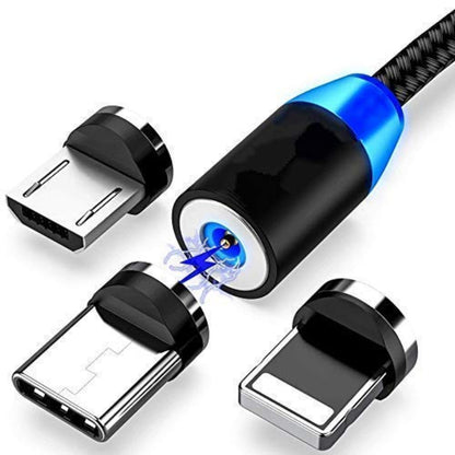 Travo: 3-in-1 Magnetic Fast Charging Cable with Status Light, 360° Swivel Head, Type-C, Micro USB & lightning Connectors