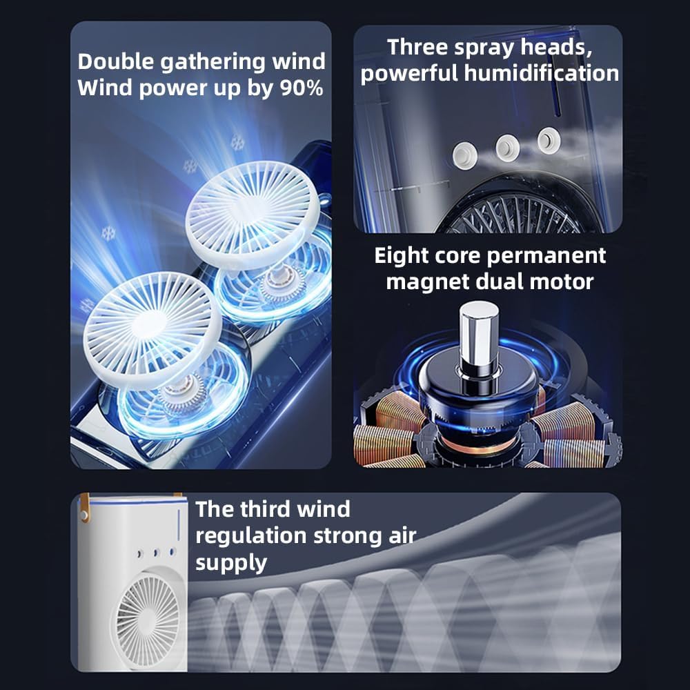 Breezo: Rechargeable Dual-Fan Air Cooler with Mist Spray – High Power Oscillating Mini AC with Remote, USB-C Charging, RGB Lights & Cold Air Blower for Home & Travel