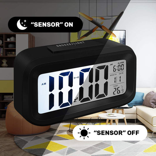 Snoozy: LCD Digital Alarm Clock with Multifunction Display, Large Screen Desk & Travel Clock with Snooze, Date, Temperature & Night Light