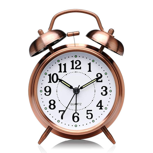 Tringg: Vintage Copper Table Alarm Clock with Mechanical Twin Bells, Retro Analog Desk Clock with Night LED Light for Bedroom Décor