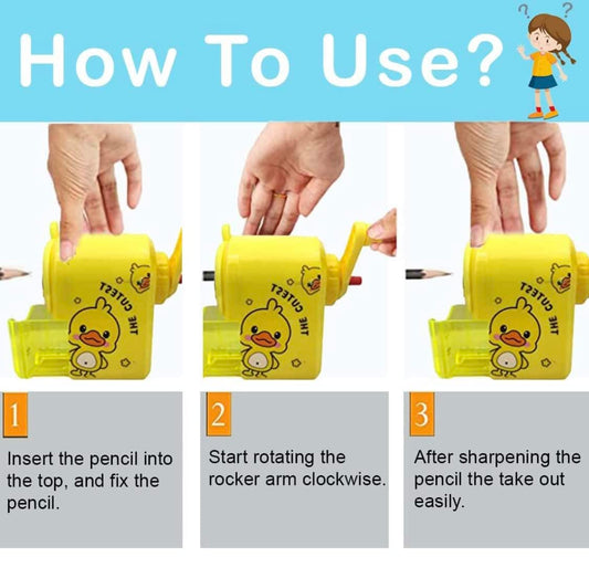 Duckoo: Cute Duck-Shaped Crank Pencil Sharpener for Kids, Handheld Stationery Tool for School Desks, Birthday Return Gifts & Classroom Supplies