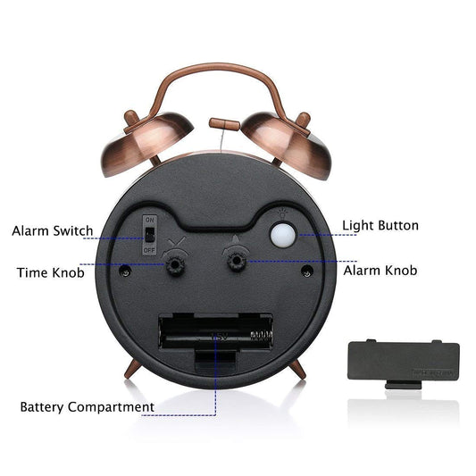 Tringg: Vintage Copper Table Alarm Clock with Mechanical Twin Bells, Retro Analog Desk Clock with Night LED Light for Bedroom Décor