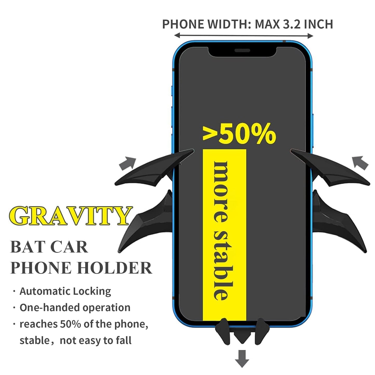 BatHold: Dark Bat-Inspired Gravity Car & Desk Phone Holder, Automatic Locking Bat-Shaped Mount for Hands-Free Use, Unique Gift for Men & Desk Accessories