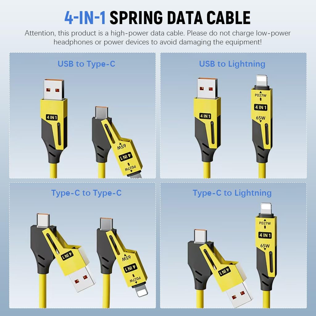 Coolio: 4-in-1 Coiled Fast Charging Cable with USB-A, Type-C & Lightning Connectors – 65W Spring Design for Travel, Car & Multi-Device Use