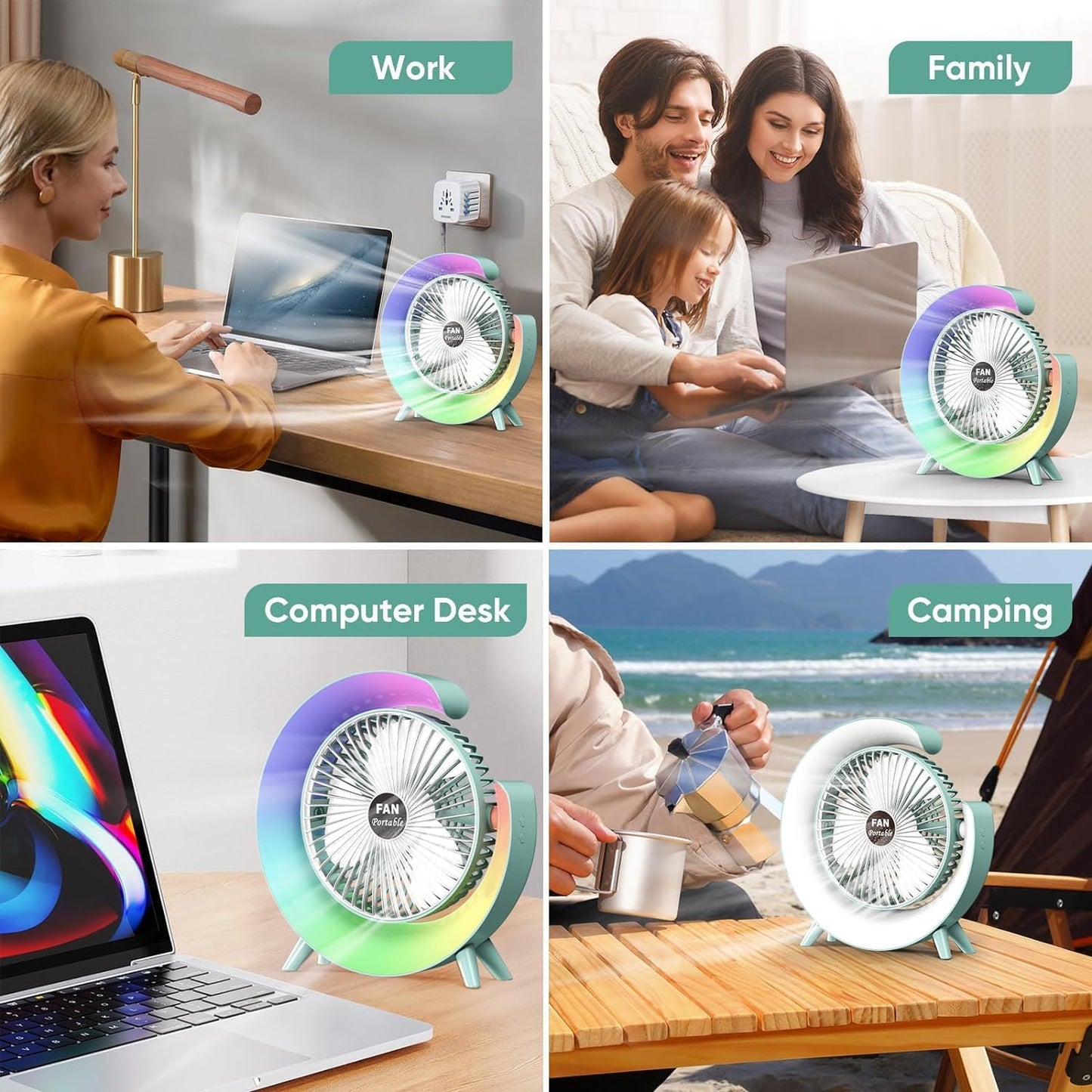 GFan: RGB LED Rechargeable Desk Fan with 3 Speeds – 180° Adjustable, USB Charging & 4-Hour Backup for Table, Office & Travel Use