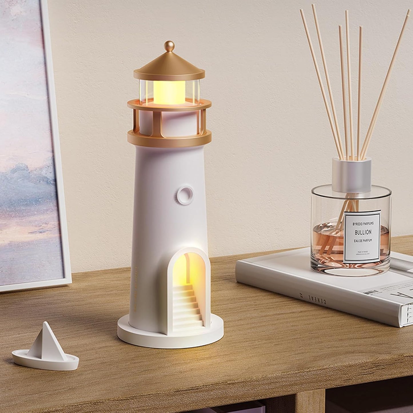 Beacon: Lighthouse Moonlight Projection Lamp with Bluetooth Speaker & Remote, Dimmable LED Night Light, Cute Moon Glow Table Lamp for Bedroom, Kids Room & Unique Gifting