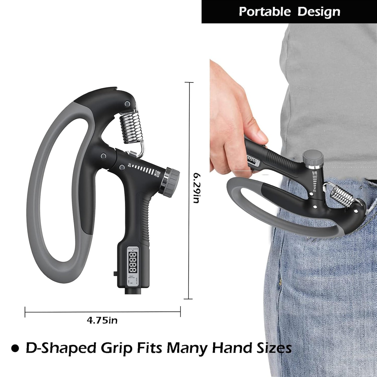 Grippy: Adjustable Hand Grip Strengthener with Built-In Counter, 10kg to 100kg Resistance Trainer for Wrist & Forearm Muscle Building