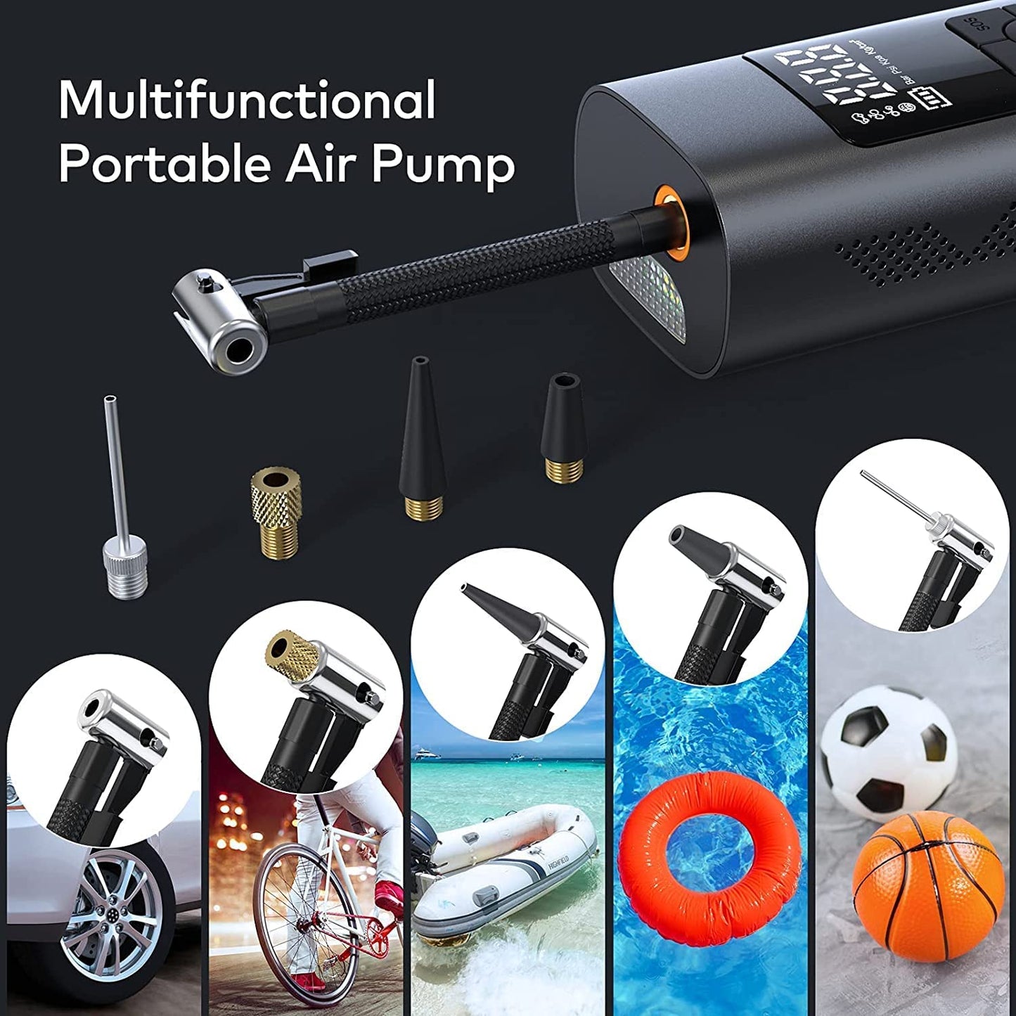 Inflato: Portable Tire Inflator & Power Bank – 150PSI Air Pump with Digital Gauge, LED Light, Heat Dissipation & 8000mAh Battery for Bikes, Cars & Emergencies