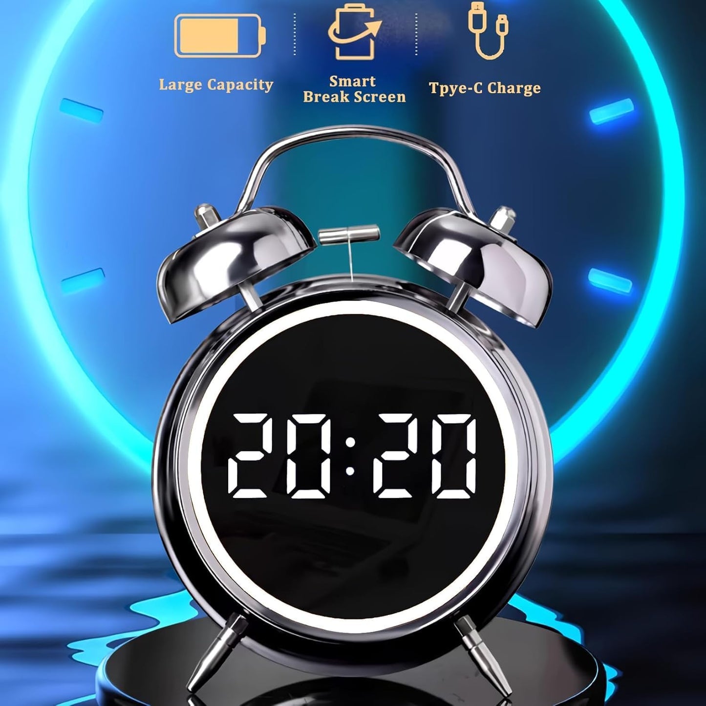Wakee: Retro LED Alarm Clock with Twin Bells – Extra Loud Battery-Powered Clock for Heavy Sleepers, Stylish Wake-Ups & Desk or Bedroom Decor