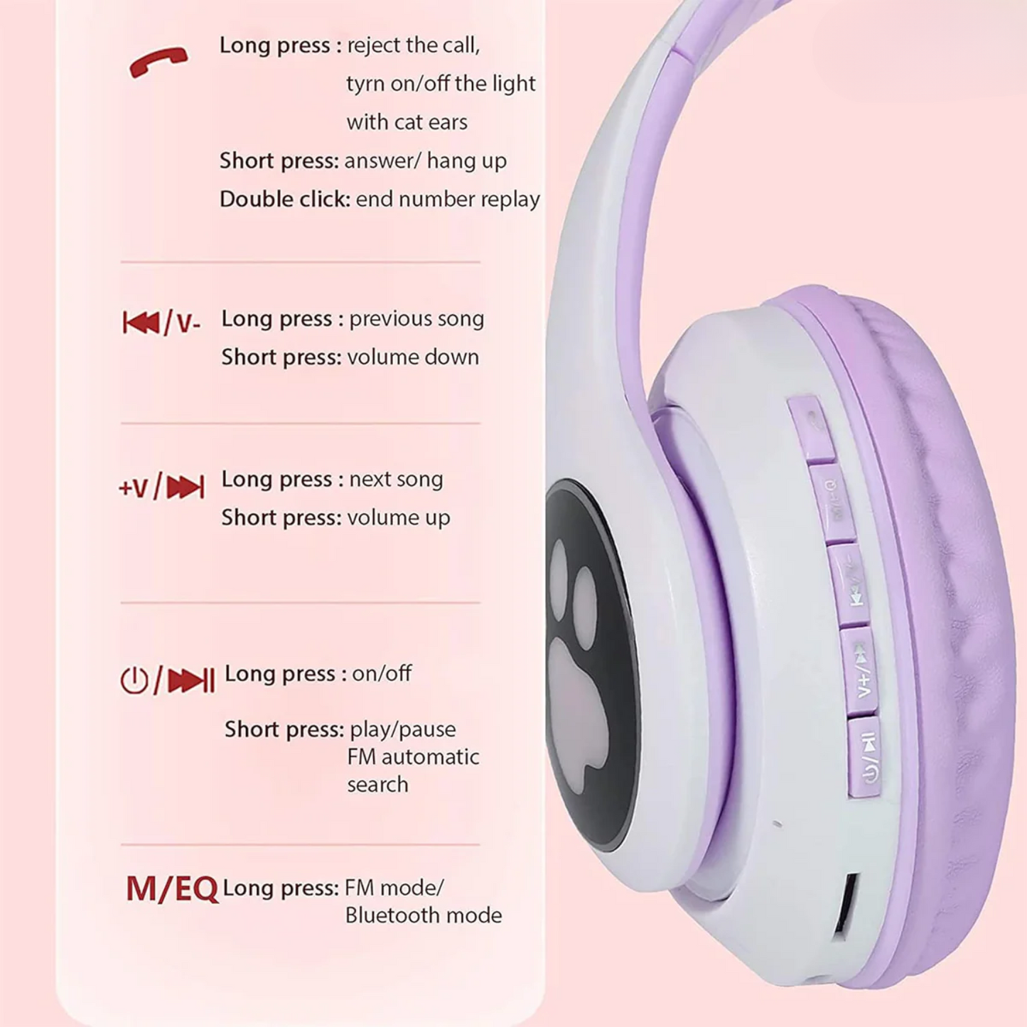 PurrStar: Cat Ear Bluetooth Headphones with LED Lights & Mic, Wireless Over-Ear Headphones, Cute Kitty Design for Music & Gaming (Assorted)