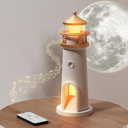 Beacon: Lighthouse Moonlight Projection Lamp with Bluetooth Speaker & Remote, Dimmable LED Night Light, Cute Moon Glow Table Lamp for Bedroom, Kids Room & Unique Gifting
