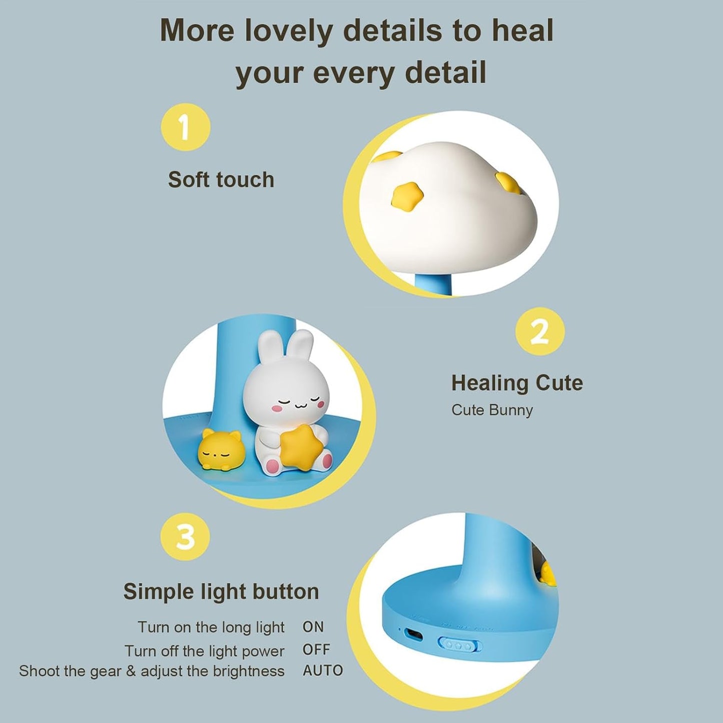 CloudBun: Bunny-Shaped Cloud Night Lamp with Tap Control – Soft Silicone Glow Light for Kids’ Bedrooms & Baby Nursery (3-Level Dimming, Rechargeable)